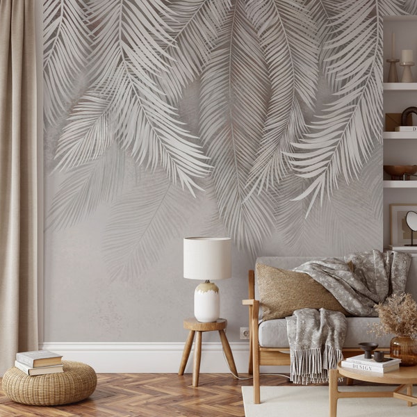 leaf palm wallpaper, tropical palm leave wallpaper, grey wallpaper, botanic plant print, wall mural, tropical wallpaper with palm leaves