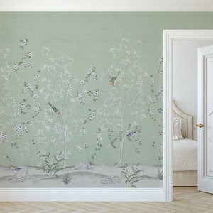 Carta da parati Chinoiserie, carta da parati botanica con uccelli, carta da parati con foglie, murale botanico, carta da parati con fiori, carta da parati verde