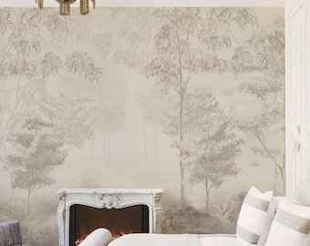 Luxury Forest Wallpaper – Neutral Beige Tree Mural for Bedroom or Living Room