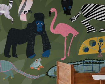 Safari Jungle Animal Wallpaper Mural, Kids Room Wall Panels, Nursery Animal Decor, Peel and Stick or Traditional