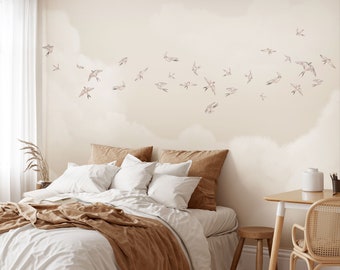 Neutral Cloud Wall Mural with Swallows, Scandinavian Beige Nursery or Bedroom Decor, Peel and Stick or Traditional, 7-145-1