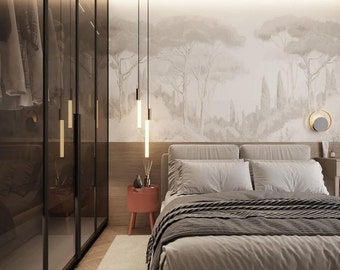 Tree wall mural, scenic painting, removable or regular wallpaper, scene wallpaper, vintage landscape, beige forest wall decor 5-128c1