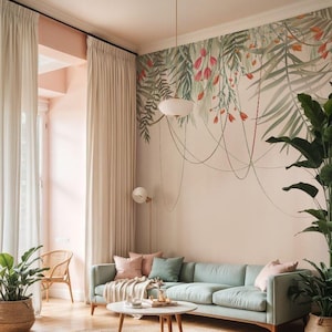 Carta da parati murale con foglie di palma tropicali, decorazione murale floreale rimovibile per pareti in stile boho moderno in soggiorno, camera da letto o ufficio.