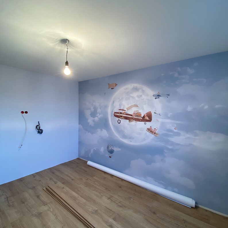 Hot Air Balloon Airplane Wallpaper Aircraft Nursery Full Moon Etsy