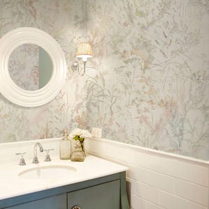 Botanical floral wallpaper for powder room, bathroom, peel and stick or traditional, temporary wallpaper, renter friendly wall decor