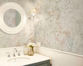 Botanical floral wallpaper for powder room, bathroom, peel and stick or traditional, temporary wallpaper, renter friendly wall decor