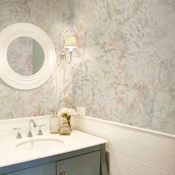 Botanical floral wallpaper for powder room, bathroom, peel and stick or traditional, temporary wallpaper, renter friendly wall decor