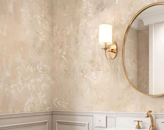 Powder Room Wallpaper, Oversized Cream Botanical Mural, Removable Vanity Wall Covering, Peel and Stick Wallpaper for Half Bath