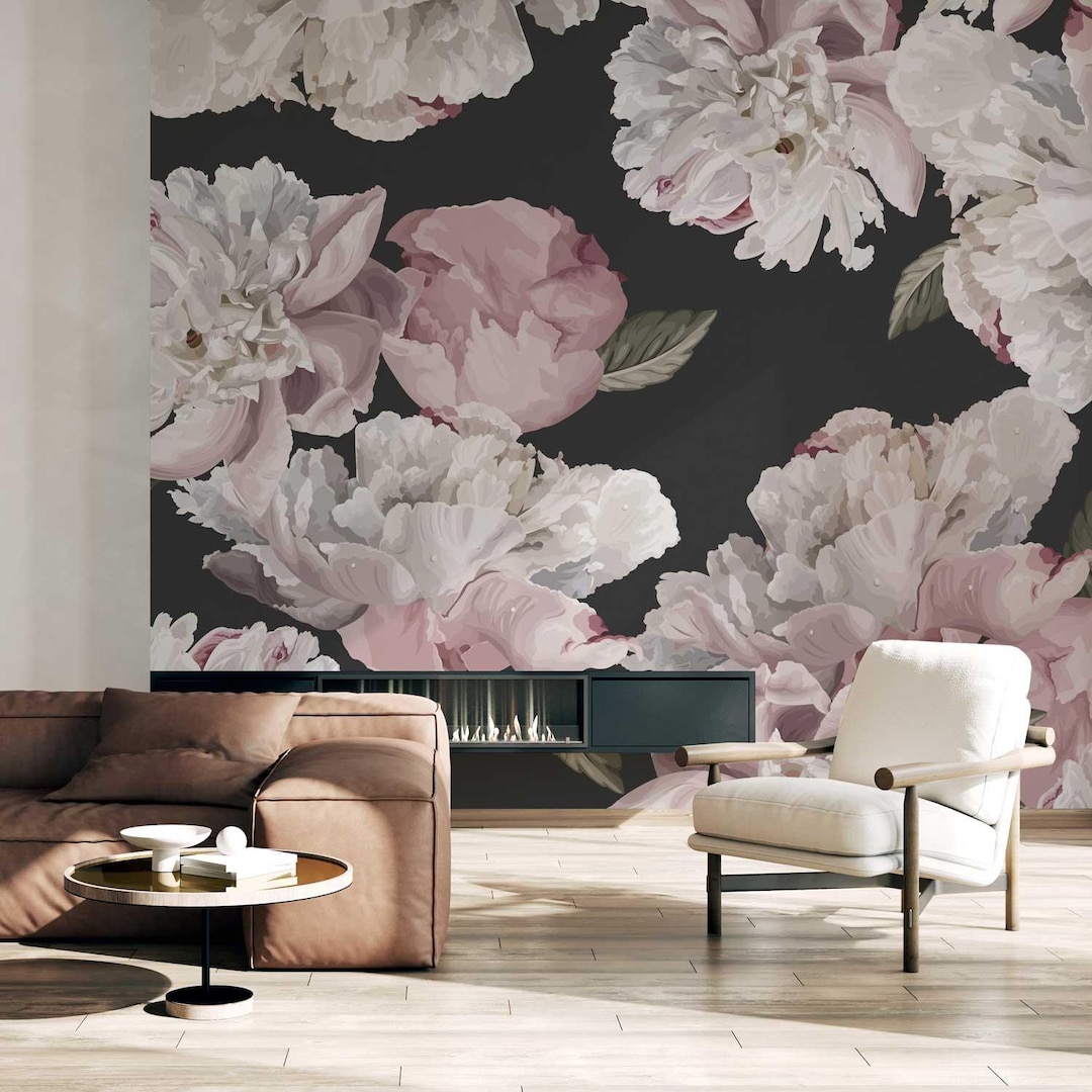 Large Dark Peony Floral Wallpaper, Wall Mural With Flowers, Removable ...