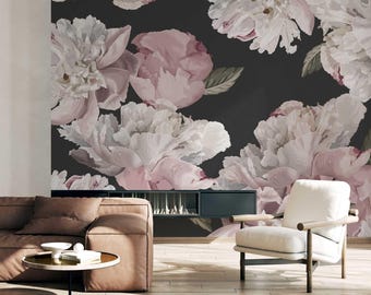 Large dark peony floral wallpaper, wall mural with flowers, removable and rental wallpaper, black and white mural, dark floral wall mural