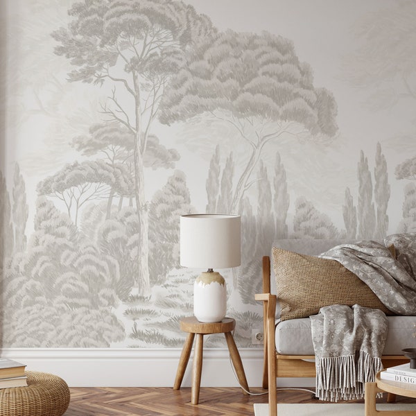 Tree wall mural wallpaper, forest wallpaper, removable mural, wall art decor, modern wallpaper, beige botanical wallpaper