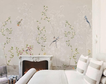 Paneles murales de pared de estilo chinoiserie neutro, papel tapiz botánico con diseño de aves, listos para instalar. Decoración para dormitorio o sala de estar.