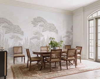 Neutral Beige Forest Wallpaper Mural for Dining Room, Peel and Stick Tree Landscape, Custom Size Wall Panels