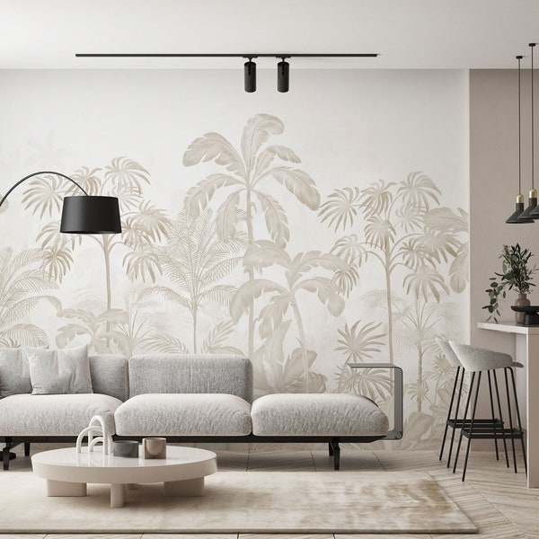Botanical beige wallpaper, Palm trees wall mural, Tropical wallpaper, Peel and Stick, Removable wallpaper, Floral Wallpaper, Wall mural