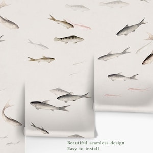 Fish Wallpaper Mural, Neutral Sardines Wall Design, Minimalist Pond Panels, Ready to Install, Peel and Stick or Traditional image 13