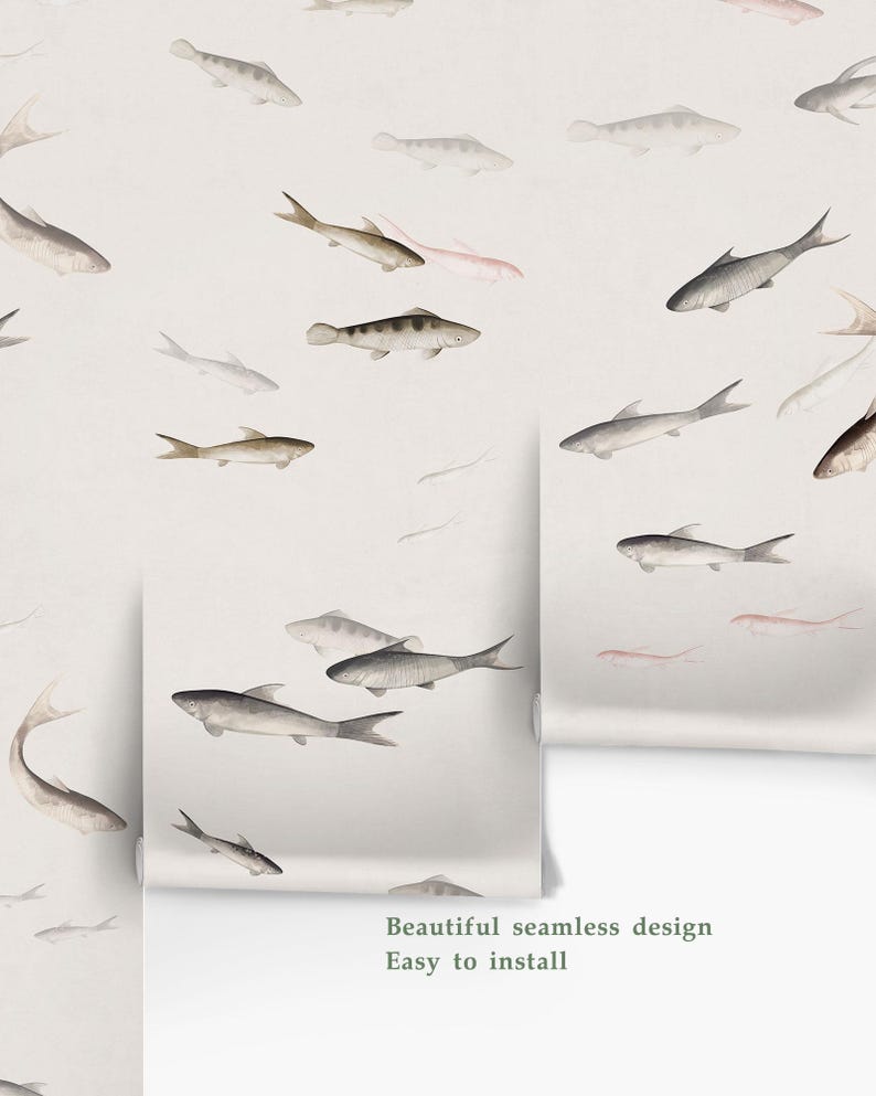 Fish Wallpaper Mural, Neutral Sardines Wall Design, Minimalist Pond Panels, Ready to Install, Peel and Stick or Traditional image 13