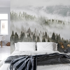 Misty Forest Wallpaper with Pine Trees for Home Decor - Nature Wall Art for Living Room, Bedroom, Office, Foggy Forest Wall Mural