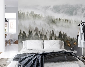 Misty Forest Wallpaper with Pine Trees for Home Decor - Nature Wall Art for Living Room, Bedroom, Office, Foggy Forest Wall Mural