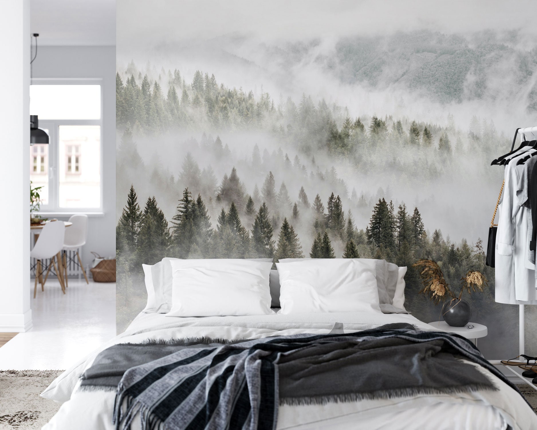 Misty Forest Wallpaper With Pine Trees for Home Decor - Nature Wall Art ...