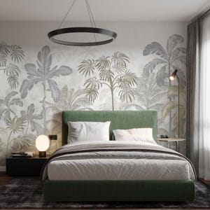 Tropical watercolor wallpaper with a palm tree wall mural, Soft Tropical Mural with Botanical Leaves for Bedroom or Living Room Accent Wall