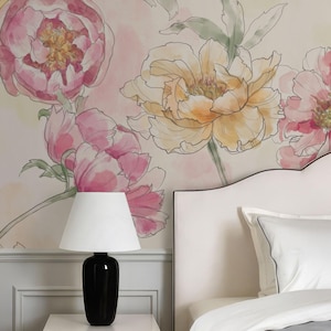 Floral peonies wallpaper mural, watercolor floral, traditional or removable, vinyl-free, non-toxic