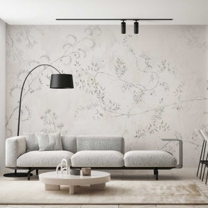 Wild floral wallpaper, soft botanical floral wall mural, little floral with leaves wallpaper, flowers wall mural, removable for rental