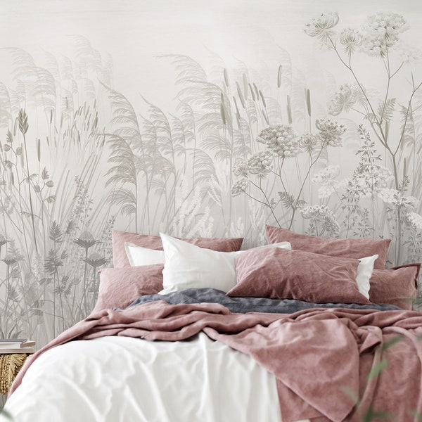 Botanical wallpaper, boho floral removable mural, wall art decor, modern wallpaper, beige, grey wallpaper for bedroom