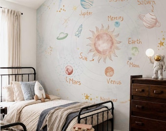 Neutral Solar System Wallpaper, Space Peel and Stick Mural, Kids Cosmic Wall Mural, Galaxy Wallpaper for Nursery, Outer Space Bedroom Decor