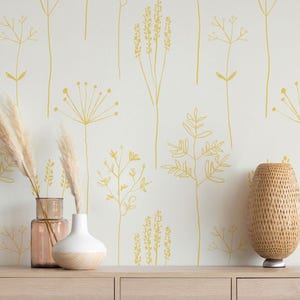 Yellow Wildflower Wallpaper – Rustic Botanical Wall Mural with Delicate Floral Lines for Kitchen, Hallway or Vintage Bedroom Accent Wall