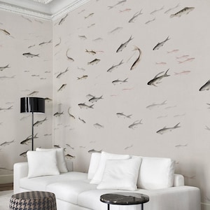 Fish Wallpaper Mural, Neutral Sardines Wall Design, Minimalist Pond Panels, Ready to Install, Peel and Stick or Traditional image 2