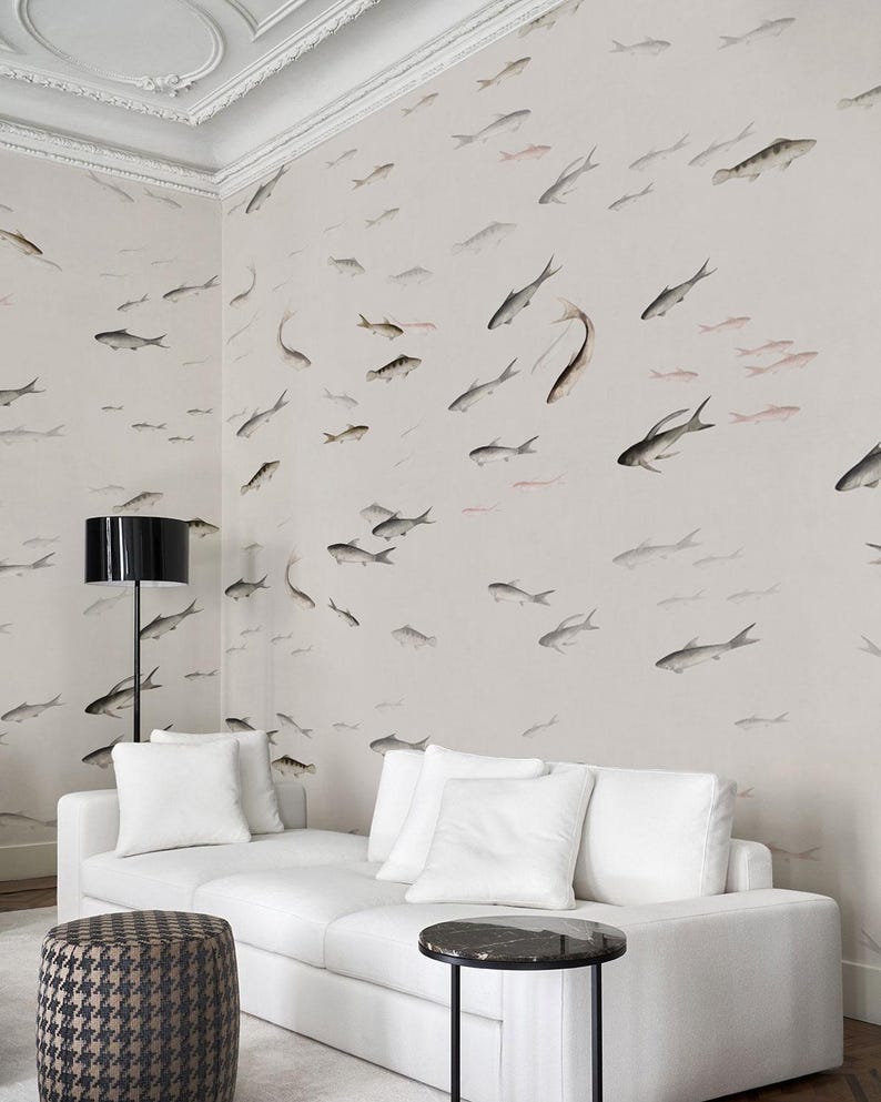 Fish Wallpaper Mural, Neutral Sardines Wall Design, Minimalist Pond Panels, Ready to Install, Peel and Stick or Traditional image 2