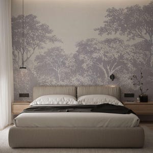 Soft Watercolor Woodland Peel and Stick Wall Mural, Minimalist Forest Mural Wallpaper, Neutral Tree Silhouette Wallpaper, 5-170-color1