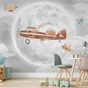 Carta da parati per bambini stravagante con aeroplano vintage, cani carini, mongolfiera e luna piena in un cielo da sogno, carta da parati per bambini con aeroplano