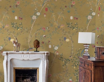 Ochre Chinoiserie Wallpaper, Bird and Blossom Wall Panels, Antique Gold Botanical Decor