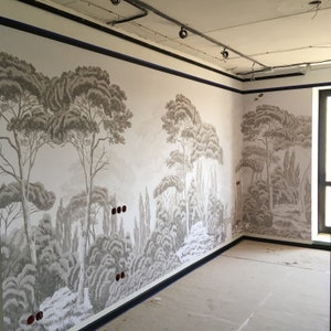 Tree wallpaper, Watercolor botanical forest landscape wallpaper, modern and removable mural for bedroom, stylish wall art decor.