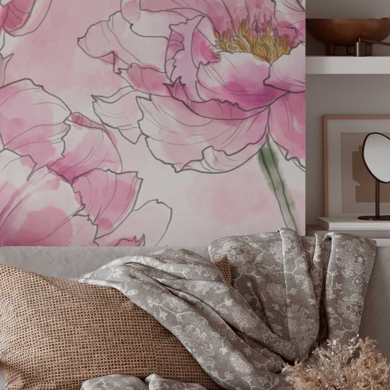 Large Pink Peony Floral Wallpaper, Floral Wall Mural, Removable and ...
