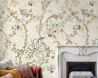 Chinoiserie Wallpaper for Living Room, Oriental Bird Wallpaper, Chinese Botanical Wall Panels