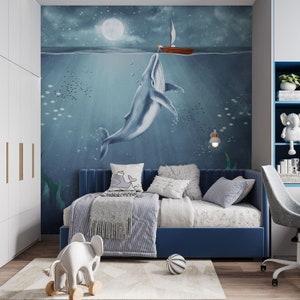 Carta da parati con balene, carta da parati con animali per camerette e camerette dei bambini, carta da parati rimovibile o tradizionale. Decorazioni per camerette con tema oceano.