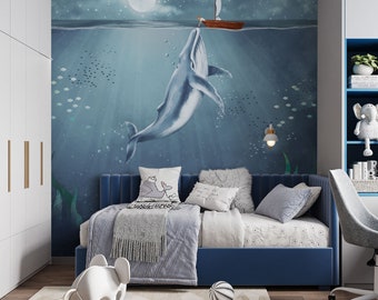 Wallpaper with whale, animal wallpaper for kids room and nursery, peel & stick removable or tradition wallpaper. Ocean nursery decor 7-100с1