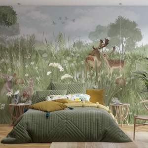 Kids forest wallpaper with animal for kids room, nursery and playroom, forest landscape wall mural with deer and hares, modern wallpaper