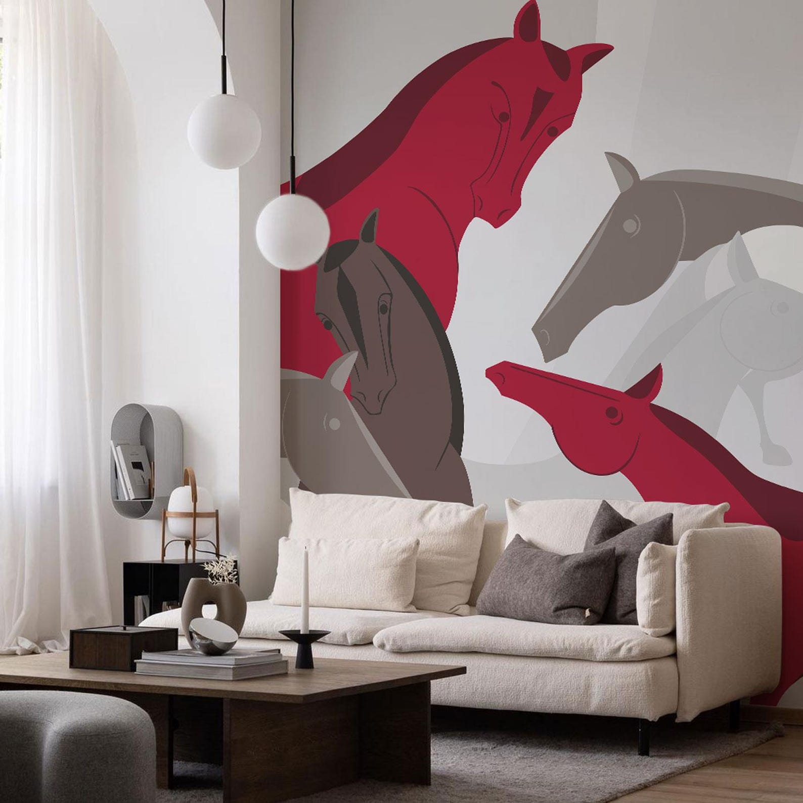 Designer Horse Wallpaper Mural – Unique Abstract Red and Brown Horses ...
