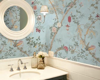 Chinoiserie Bird Wallpaper, Blue Botanical Floral Panels, Peel and Stick Bathroom Wall Decor