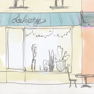 Op de afbeelding: Een handgetekend beeld van een bakkerijgevel met een blauwe luifel waarop "Bakery" in cursief staat. De gevel heeft een groot raam met planten erin en een tafel en stoelen erbuiten.