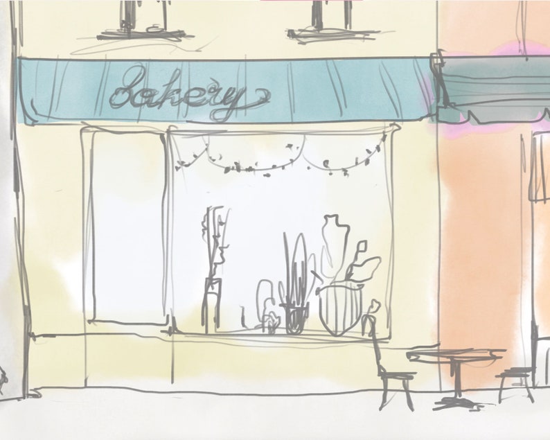 Op de afbeelding: Een handgetekend beeld van een bakkerijgevel met een blauwe luifel waarop "Bakery" in cursief staat. De gevel heeft een groot raam met planten erin en een tafel en stoelen erbuiten.