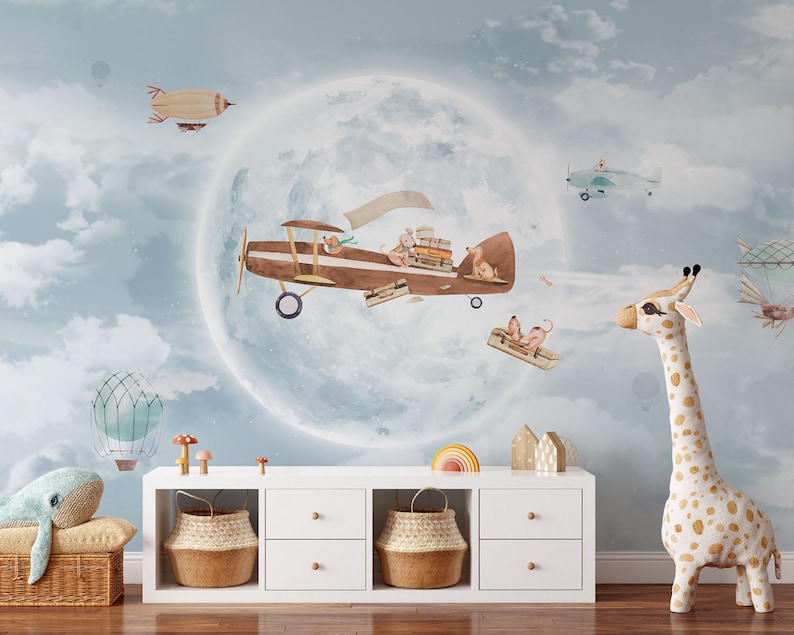 Hot Air Balloon Airplane Wallpaper Aircraft Nursery Full Moon Etsy