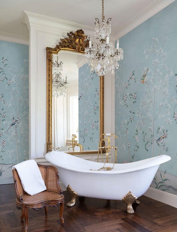 Blue Chinoiserie Wall Mural, Botanical Bird Wallpaper, Elegant Floral Design for Bedroom or Living Room, Peel & Stick or Traditional