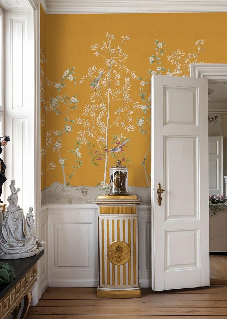 Yellow Chinoiserie Wall Mural, Bird and Bamboo Panels, Ready to Install ...