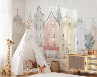 Pastel Cityscape Wall Mural – Scandinavian Wallpaper for Kids Room, Illustrated Town Map Mural for Nursery or Playroom, 6-129 color 2