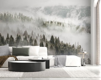 Forest Wallpaper, Tree Wallpaper, Modern Landscape Wall Mural, Foggy Woodland Scene