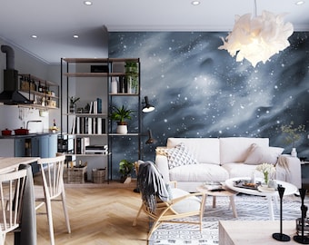 Dark night sky mural wallpaper, celestial wallpaper, night sky kids wallpaper, space star galaxies wallpapers, universe wall art
